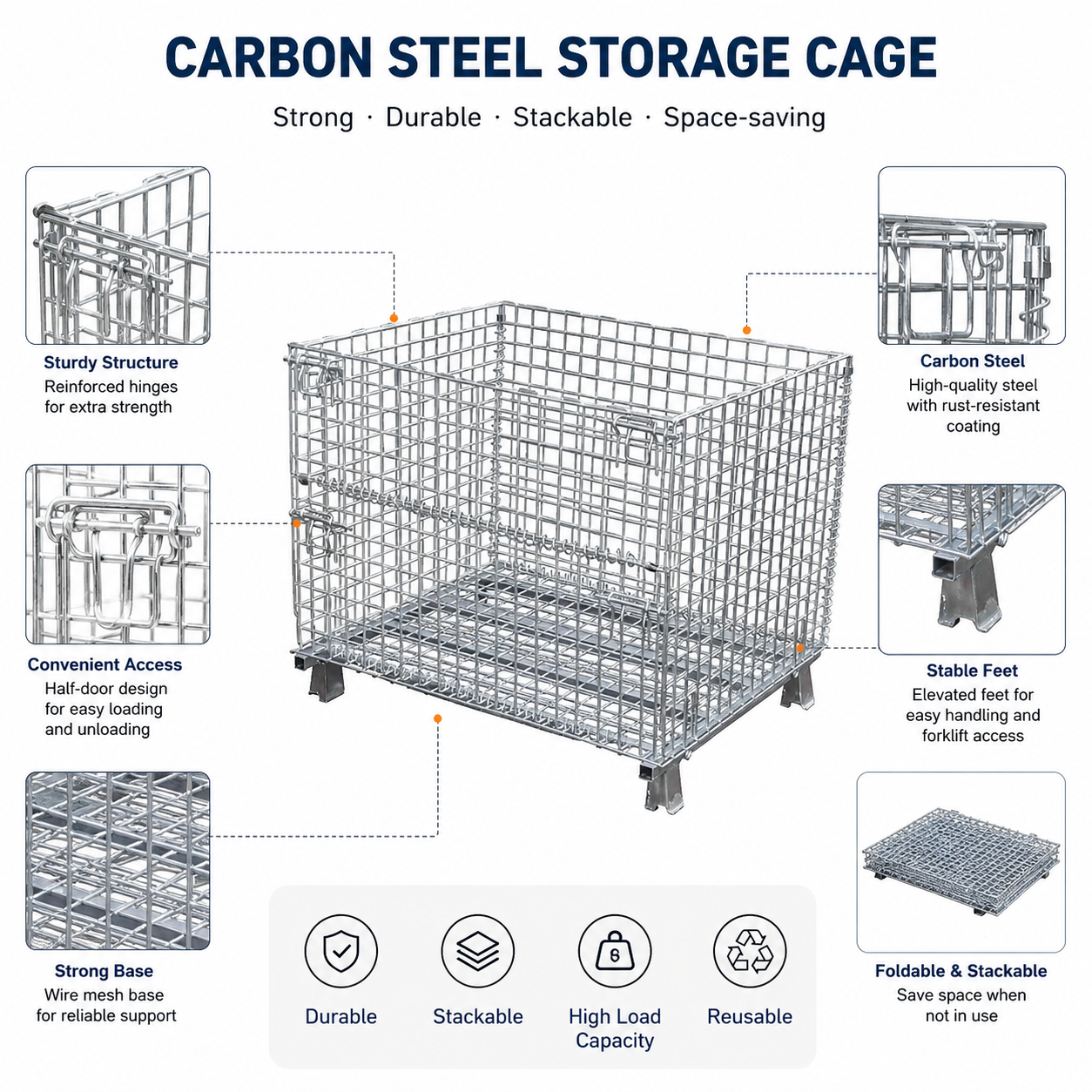 Cargo Logistics Stackable Folding Metal Storage Cage Roll Container 1200*800mm Wire Mesh Containers with Wheels
