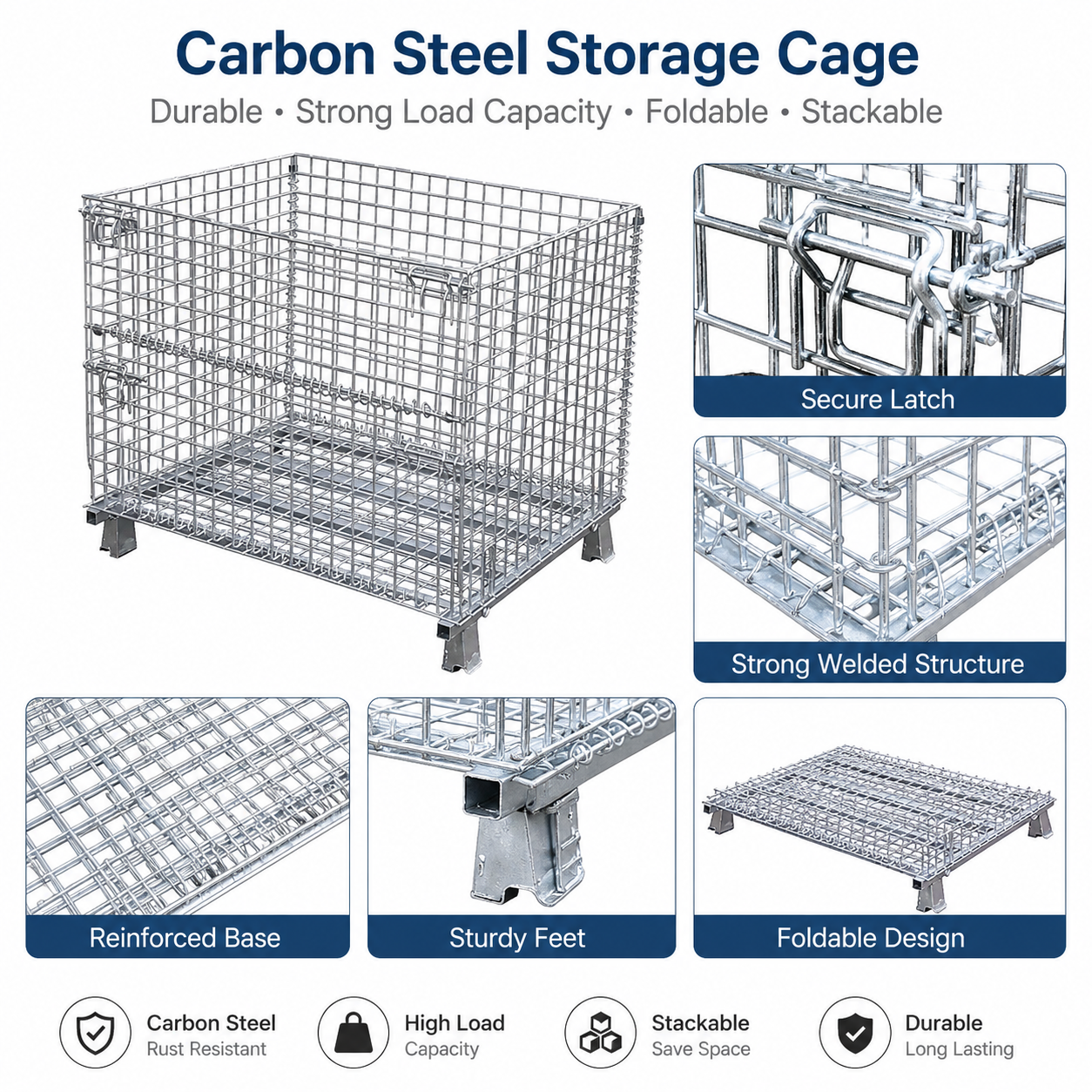 Cargo Logistics Stackable Folding Metal Storage Cage Roll Container 1200*800mm Wire Mesh Containers with Wheels