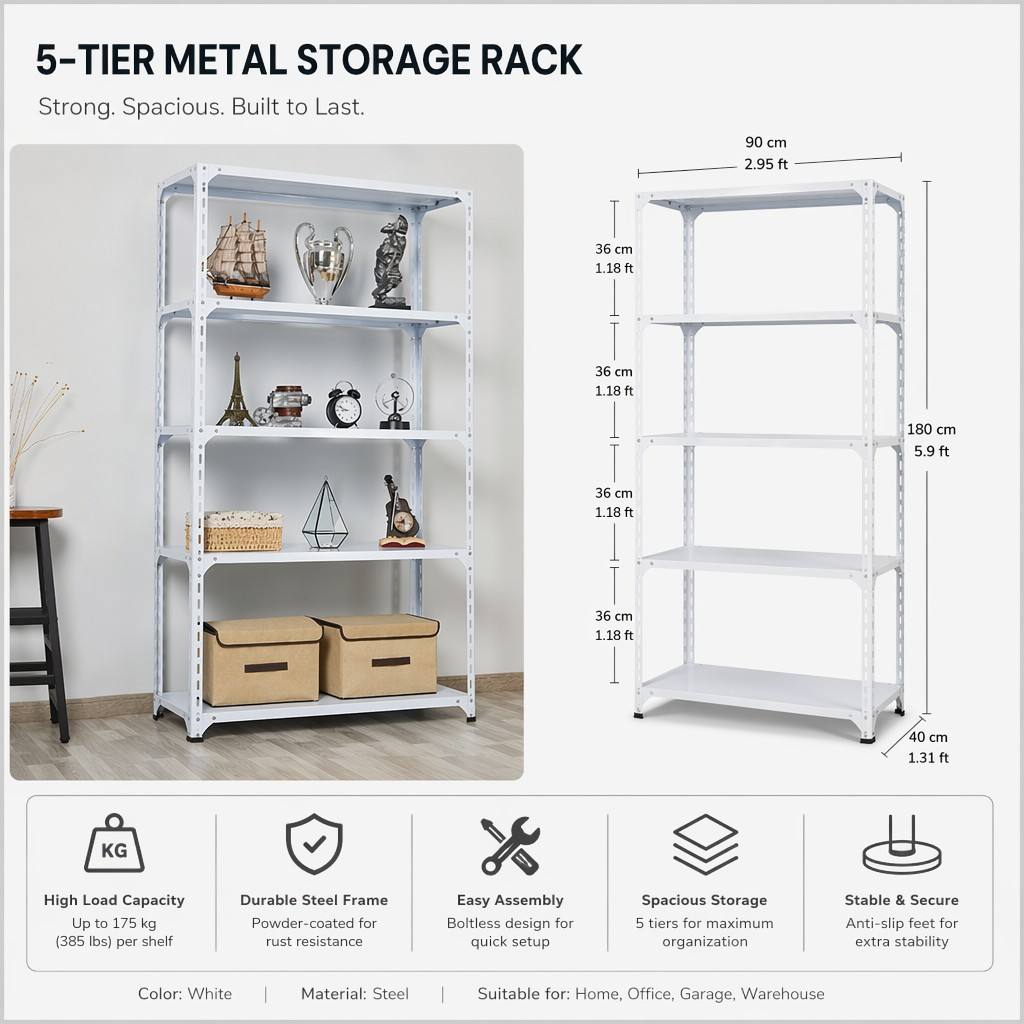 5 Tier Storage Rack Adjustable Metal Shelving Unit Boltless Heavy Duty Shelf Triangle Plate Reinforcement for Warehouse Home