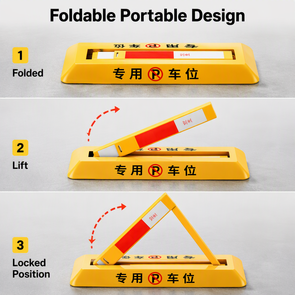 Portable Folding Vehicle Security Barrier Offers Safety & Protection for No Parking Spaces or Lots